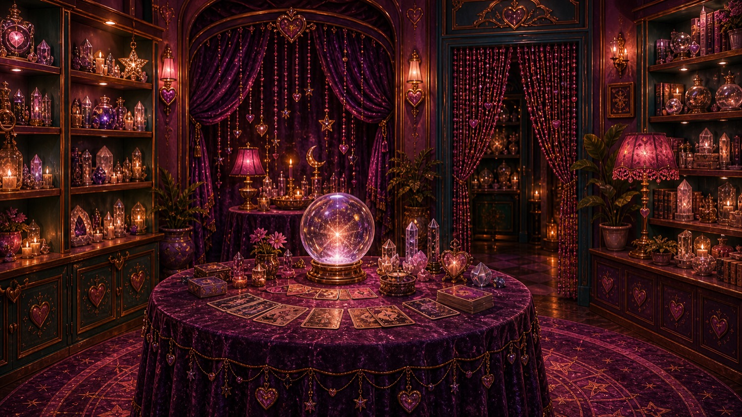 Mme CLAi-O's reading room with a crystal ball, fanned cards, and a stacked deck on a velvet séance table