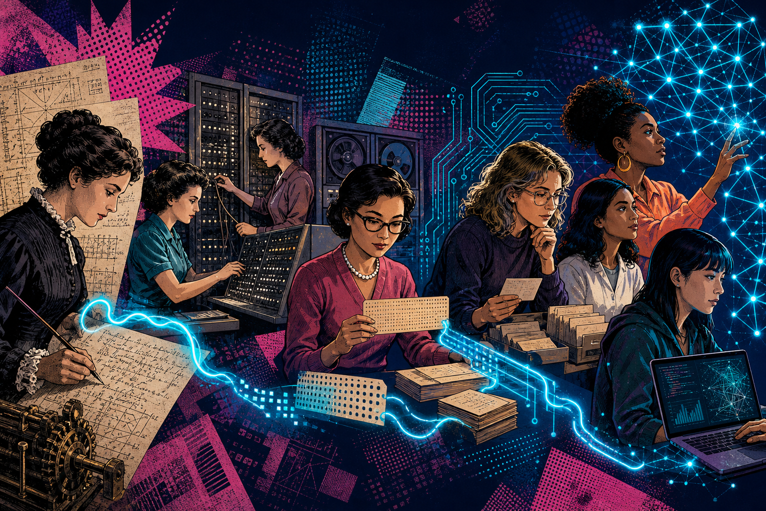 Editorial illustration of women across the history of computing, from handwritten algorithms and punch cards to modern AI