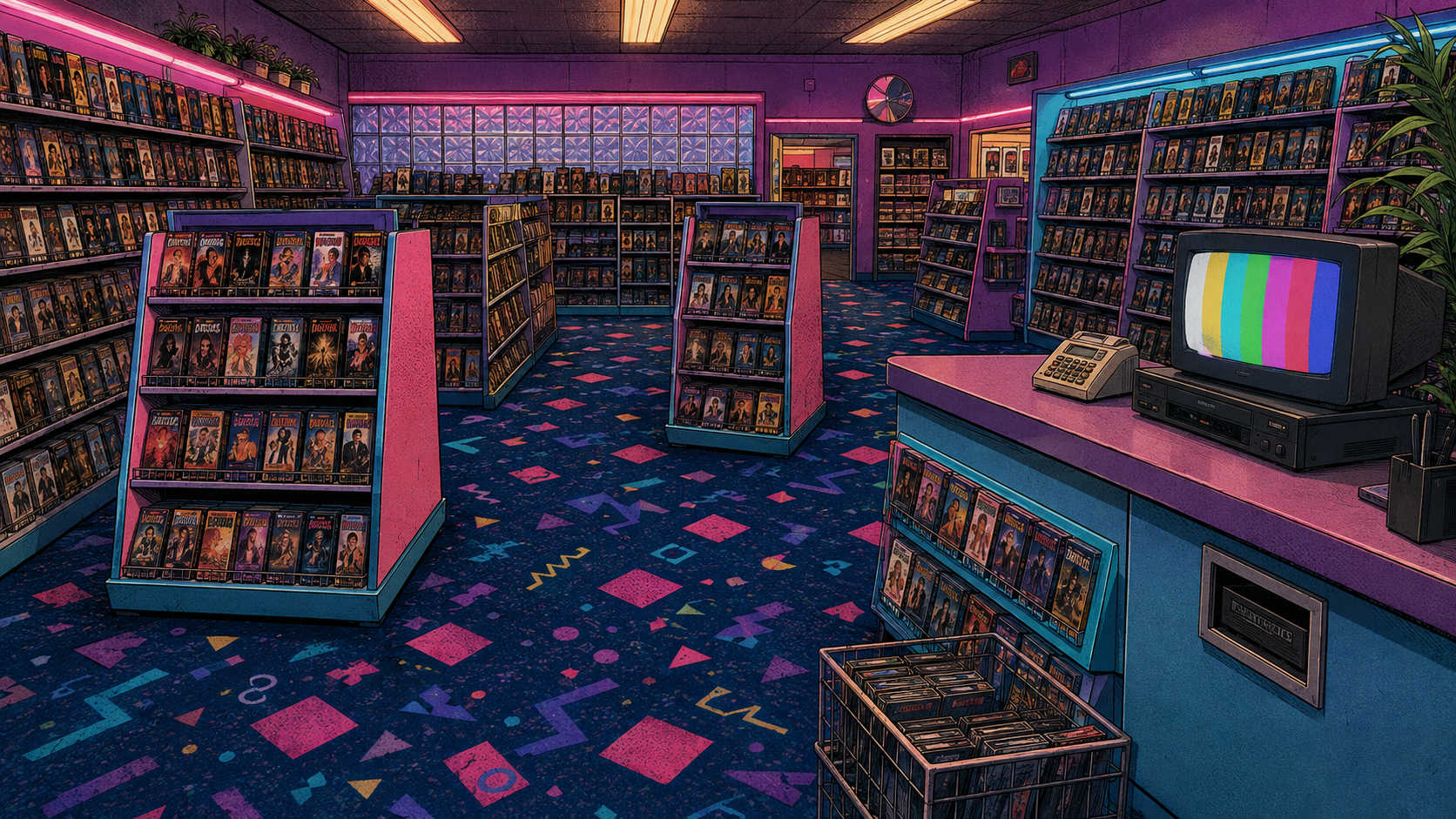 A late-1990s movie rental store with walls of VHS cases, freestanding aisles, patterned carpet, a checkout counter and a CRT television