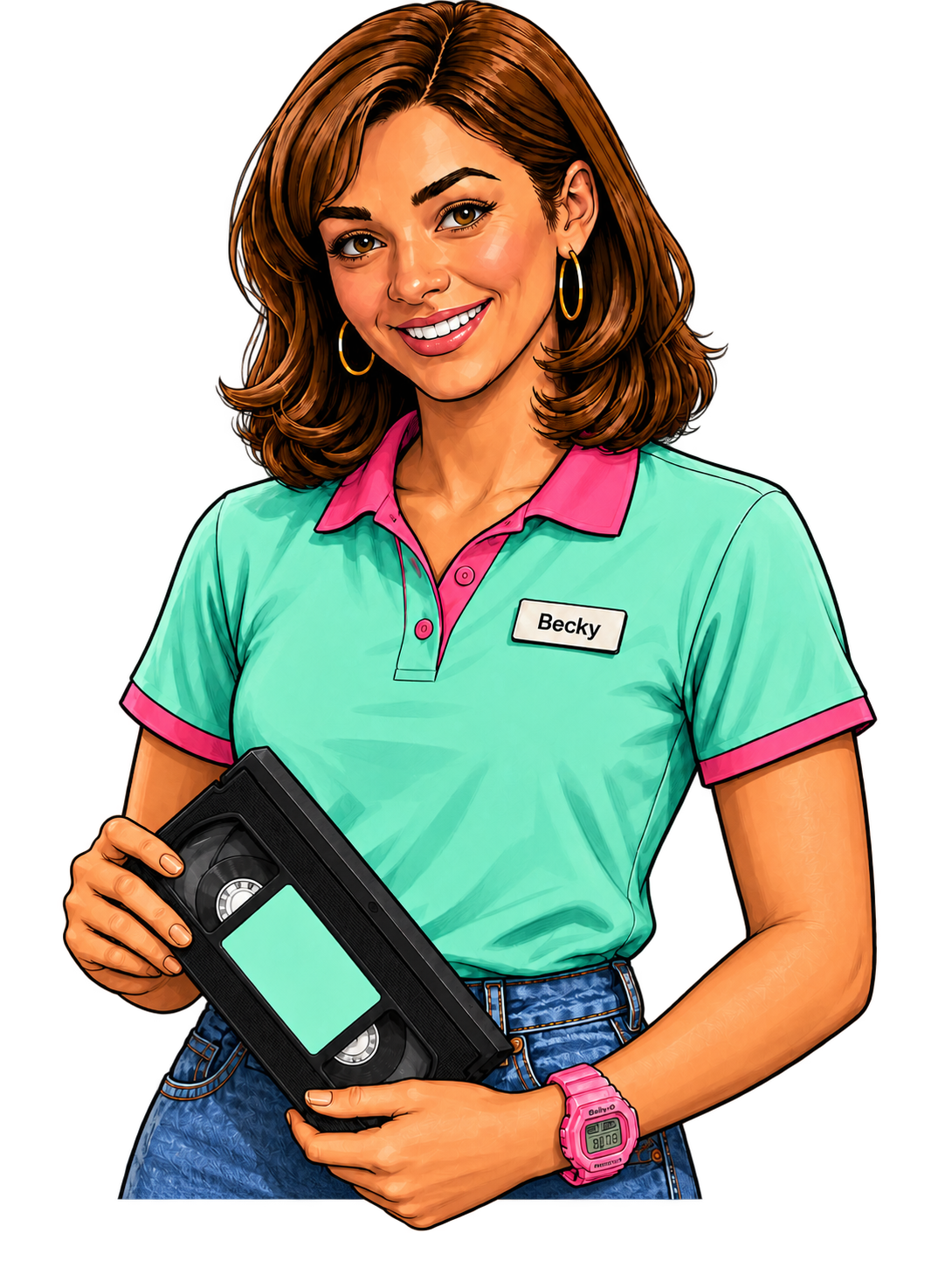 Becky, the Chick Flicks clerk, holding a VHS tape in her mint-and-pink uniform